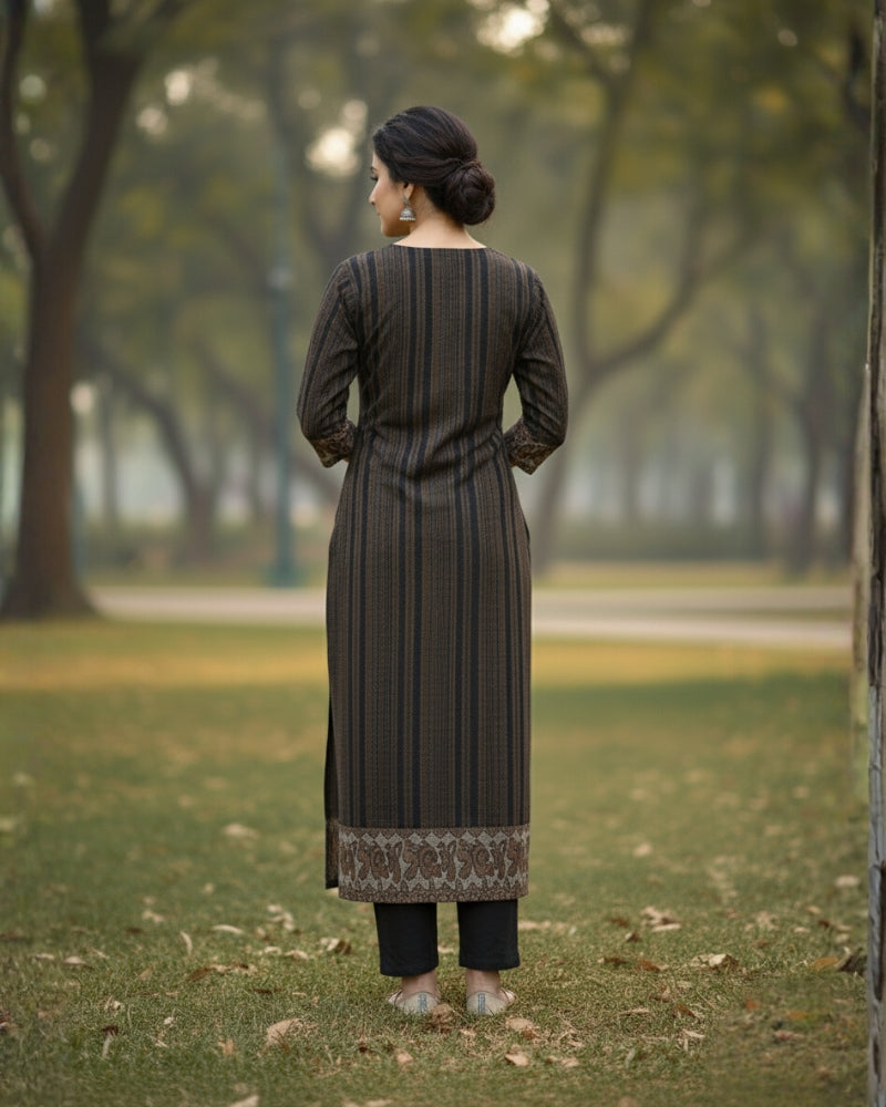 KRITI Winter Woolen Digital Print Stitched Suit Black Color For Women