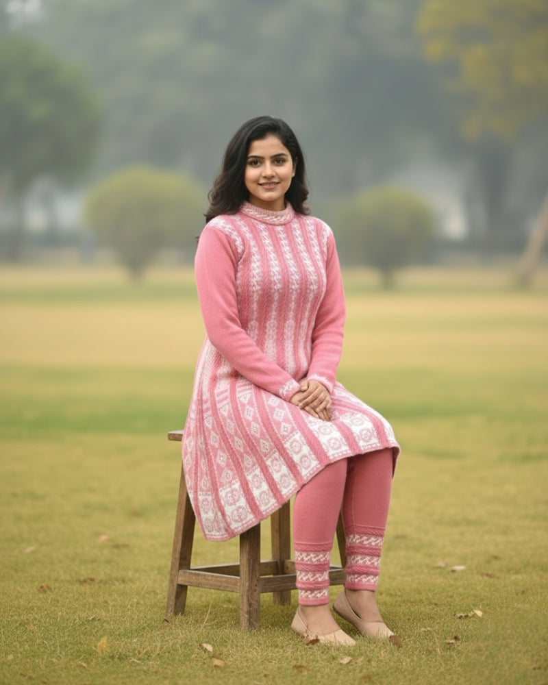 KRITI बुना हुआ ऊनी फ्रॉक कुर्ता सेट | बॉटम वियर के साथ 2-पीस विंटर कुर्ती 