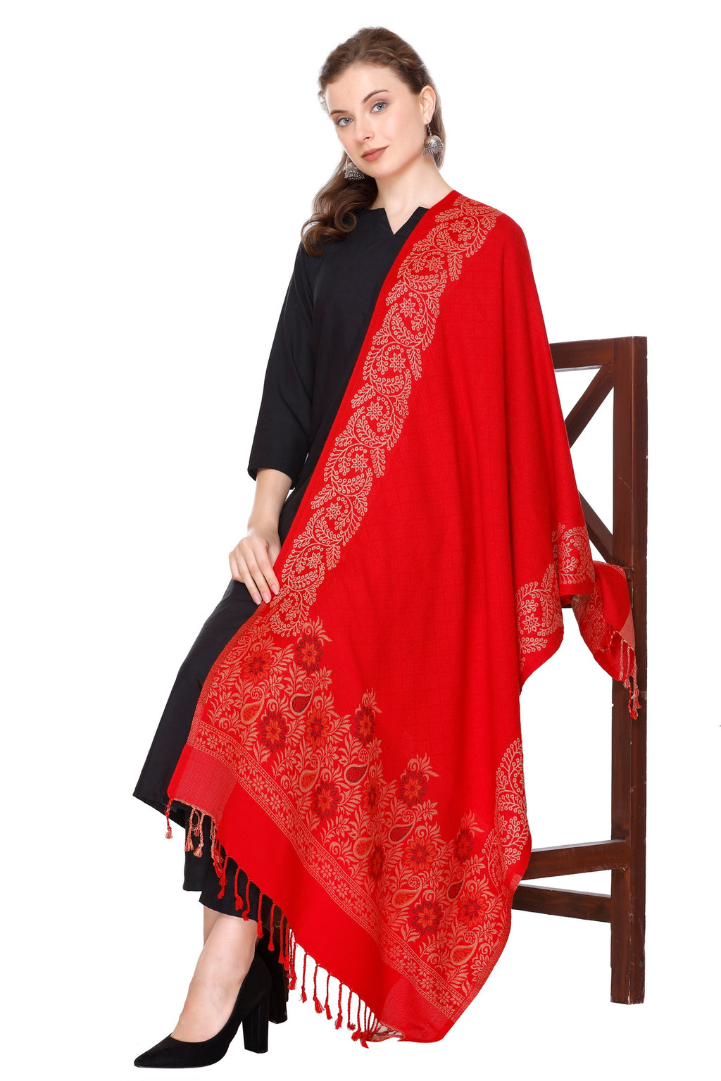Floral Border Woollen Stole - Red