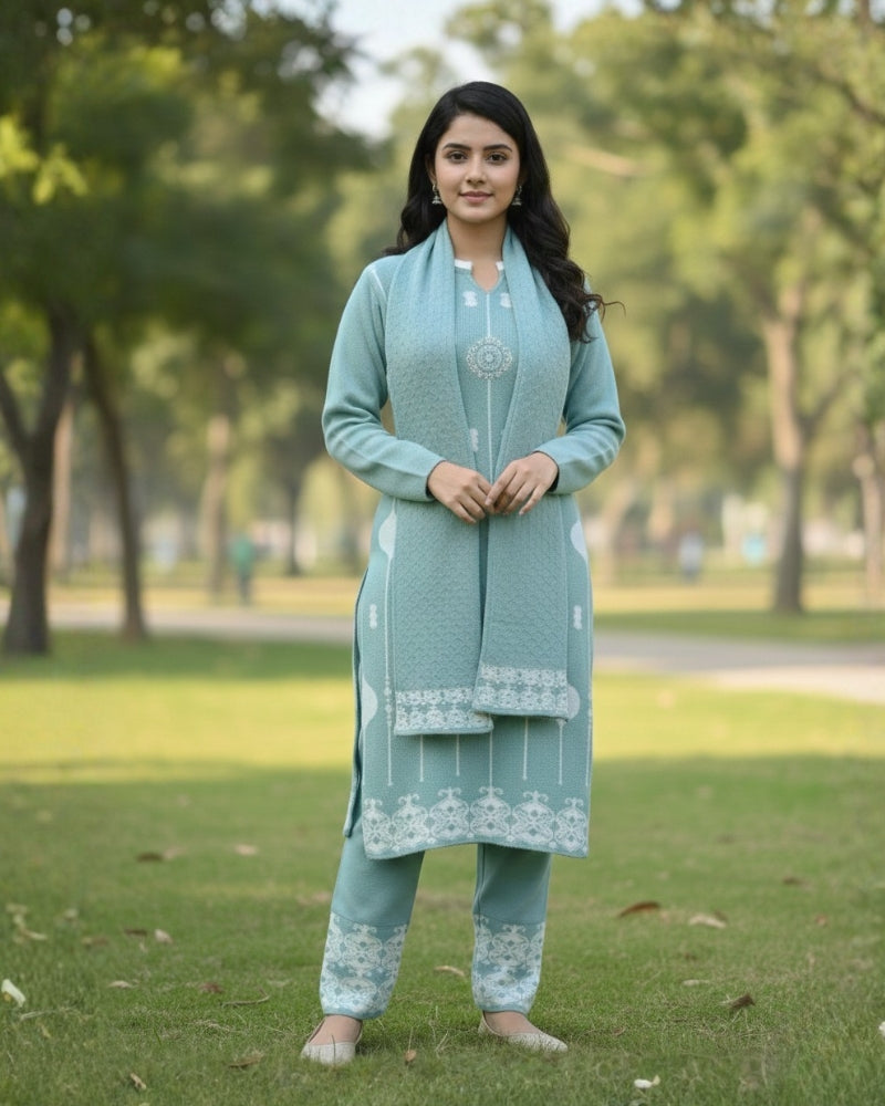 KRITI Wool Blend 3-Piece Embroidered  Kurti Set for Women | Warm Knitted Kurti Lower & Stole Dupatta | Winter Indian Ethnic Wear Suit | M to XXL |