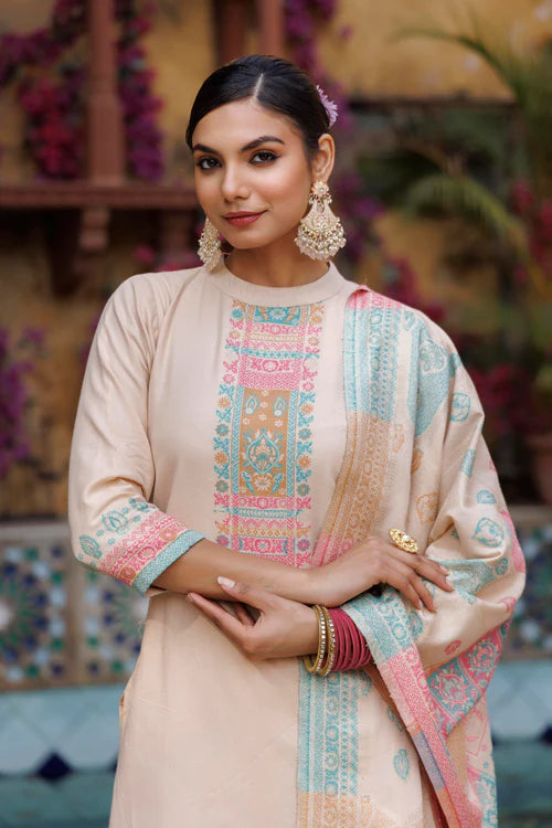 Cotton Silk Collar Pant Suit 3 Pcs- Light Peach