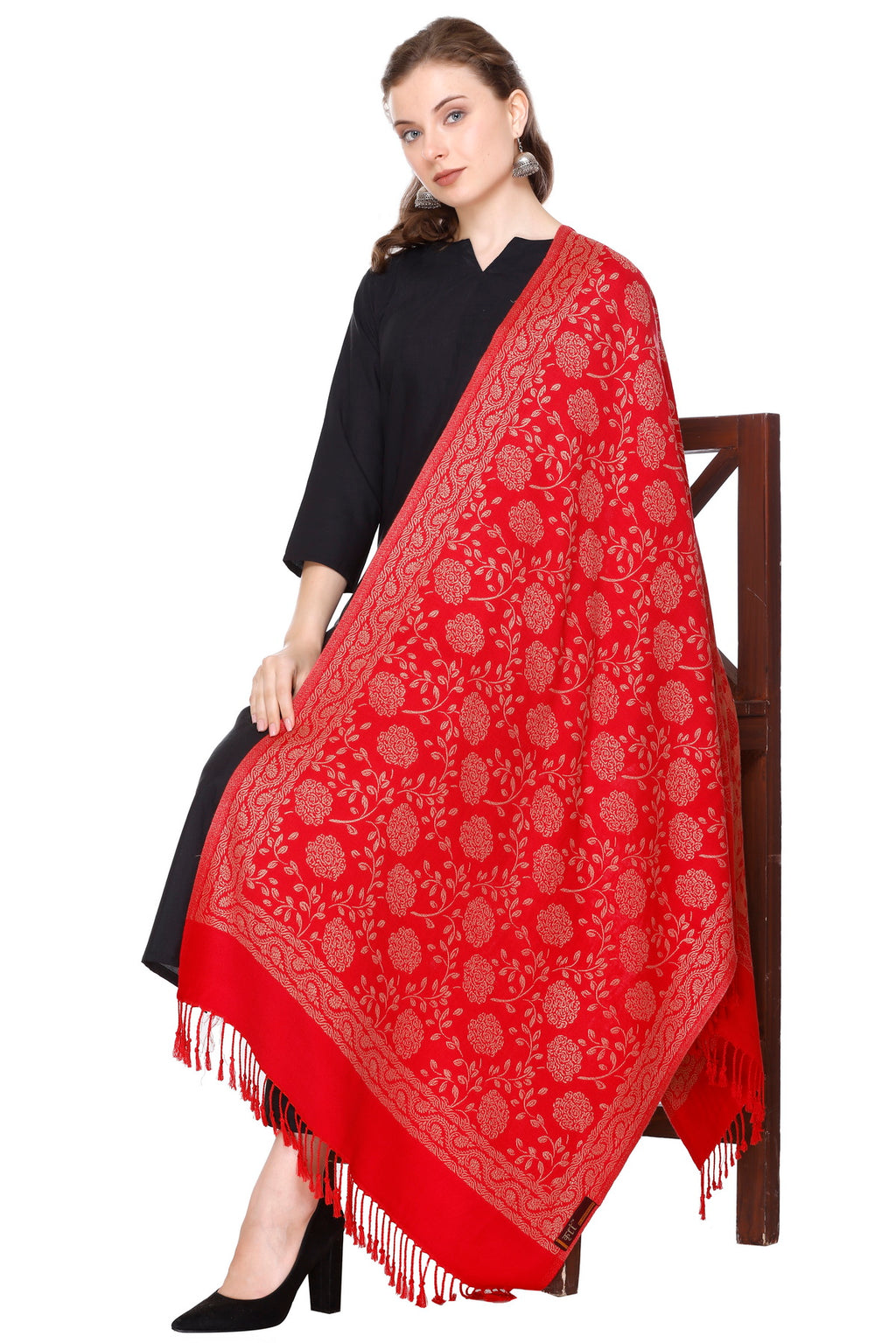 Floral Pattern Woollen Winter Stole - Red