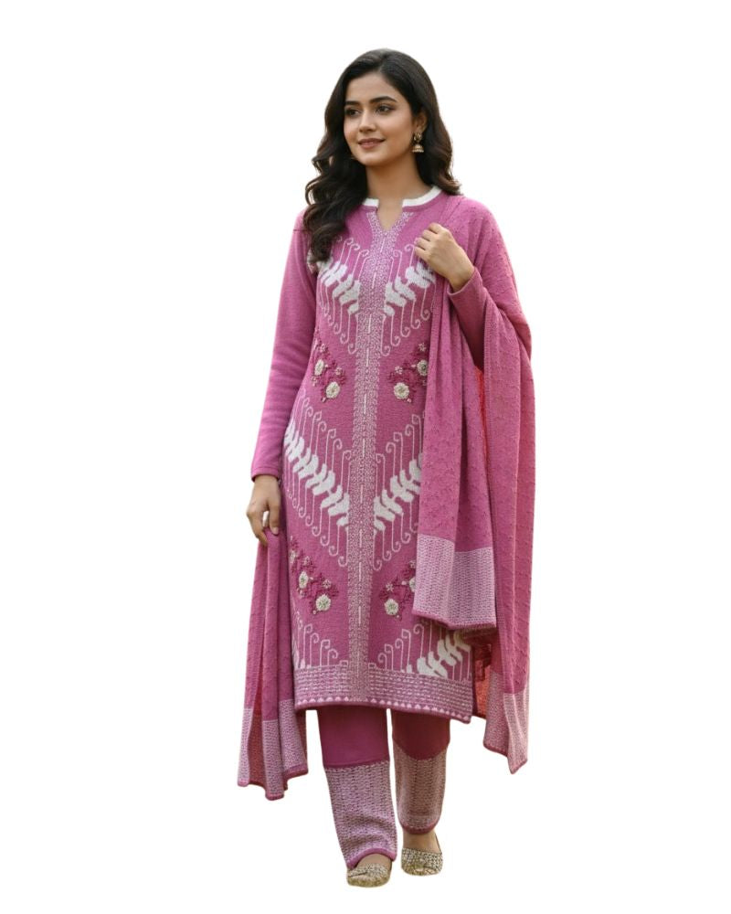 प्रीमियम 3-पीस ऊनी विंटर कुर्ती सेट | बॉटम और स्टोल के साथ बुना हुआ कुर्ता | M-XXL साइज़