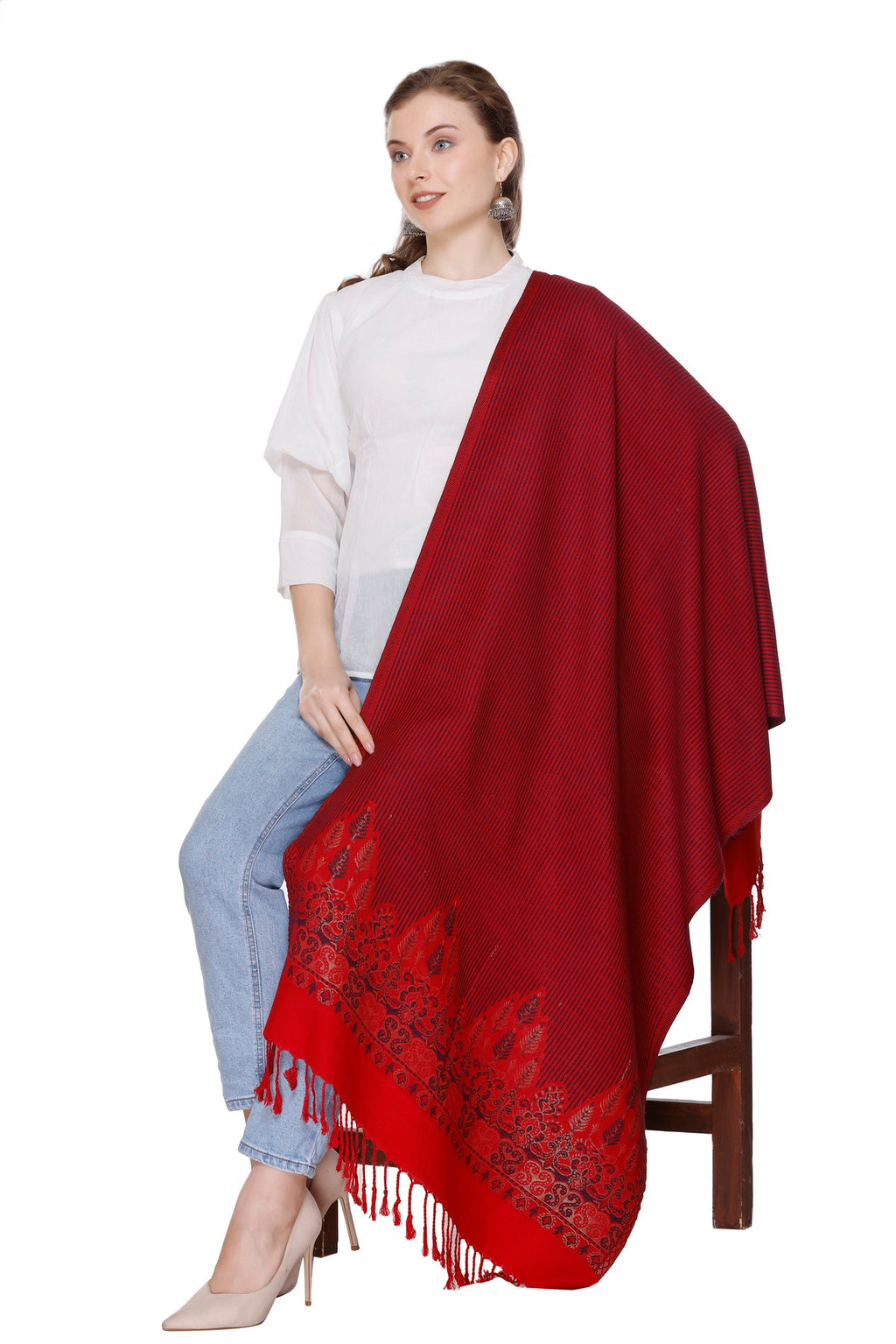 Woven Border Woollen Stole - Maroon