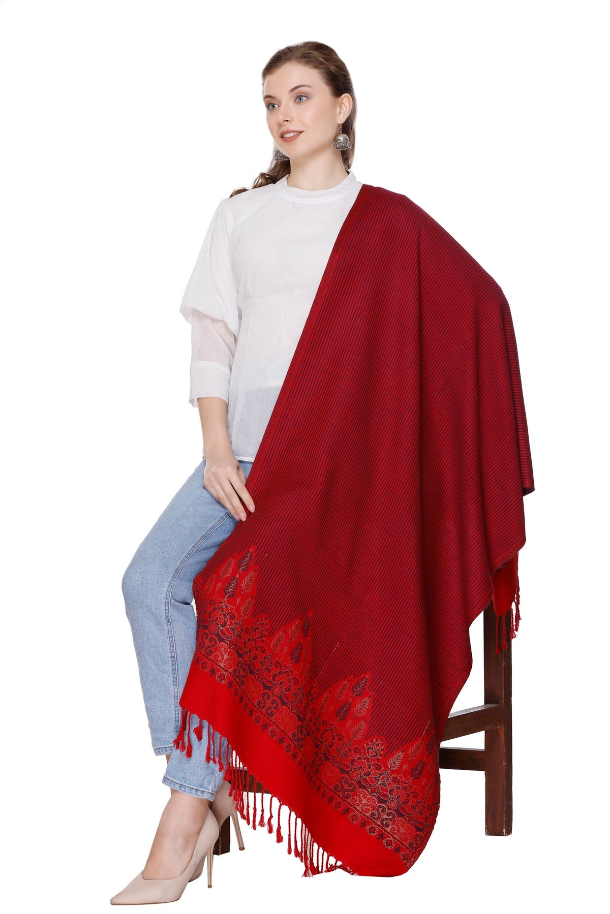Woven Border Woollen Stole - Maroon