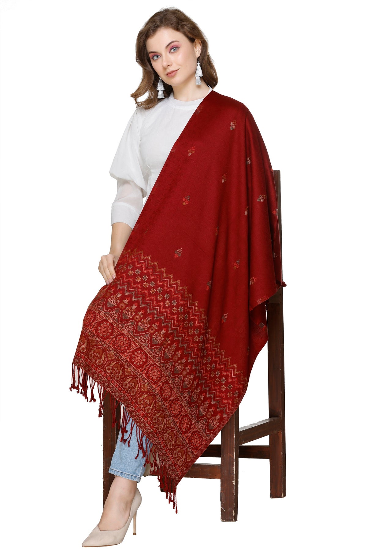 Jacquard Design Woollen Stole - Maroon