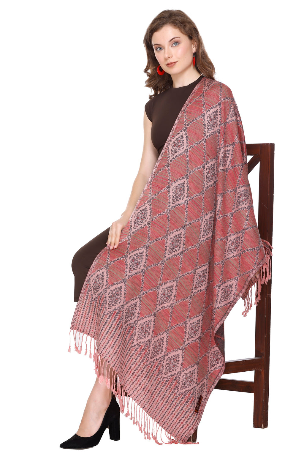 Diamond Design Woollen Stole - Peach