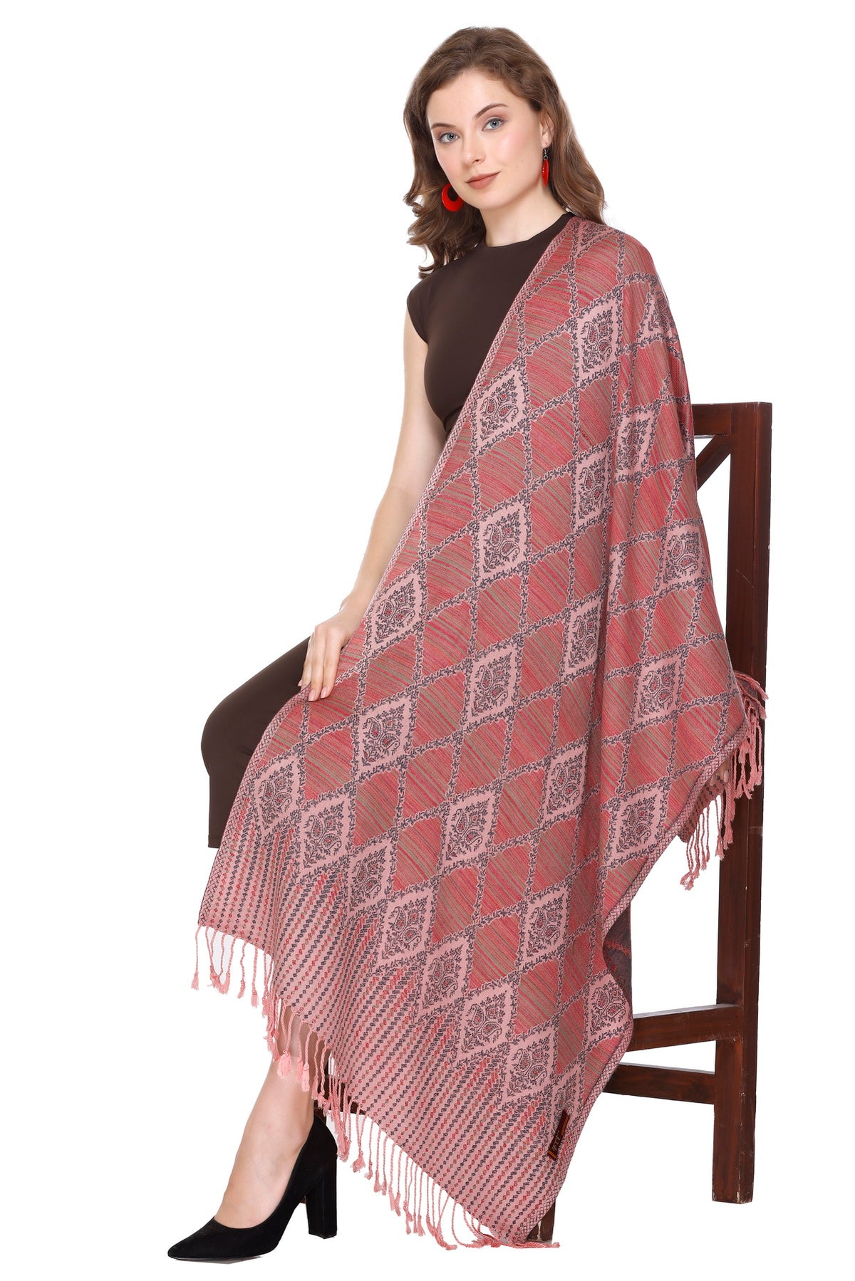 Diamond Design Woollen Stole - Peach