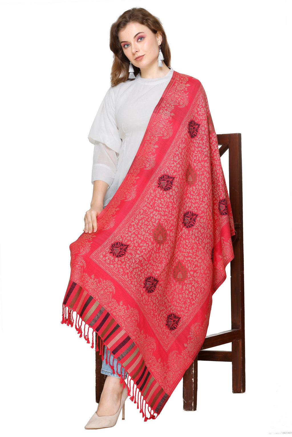 Floral Designer Woolen Stole- Red