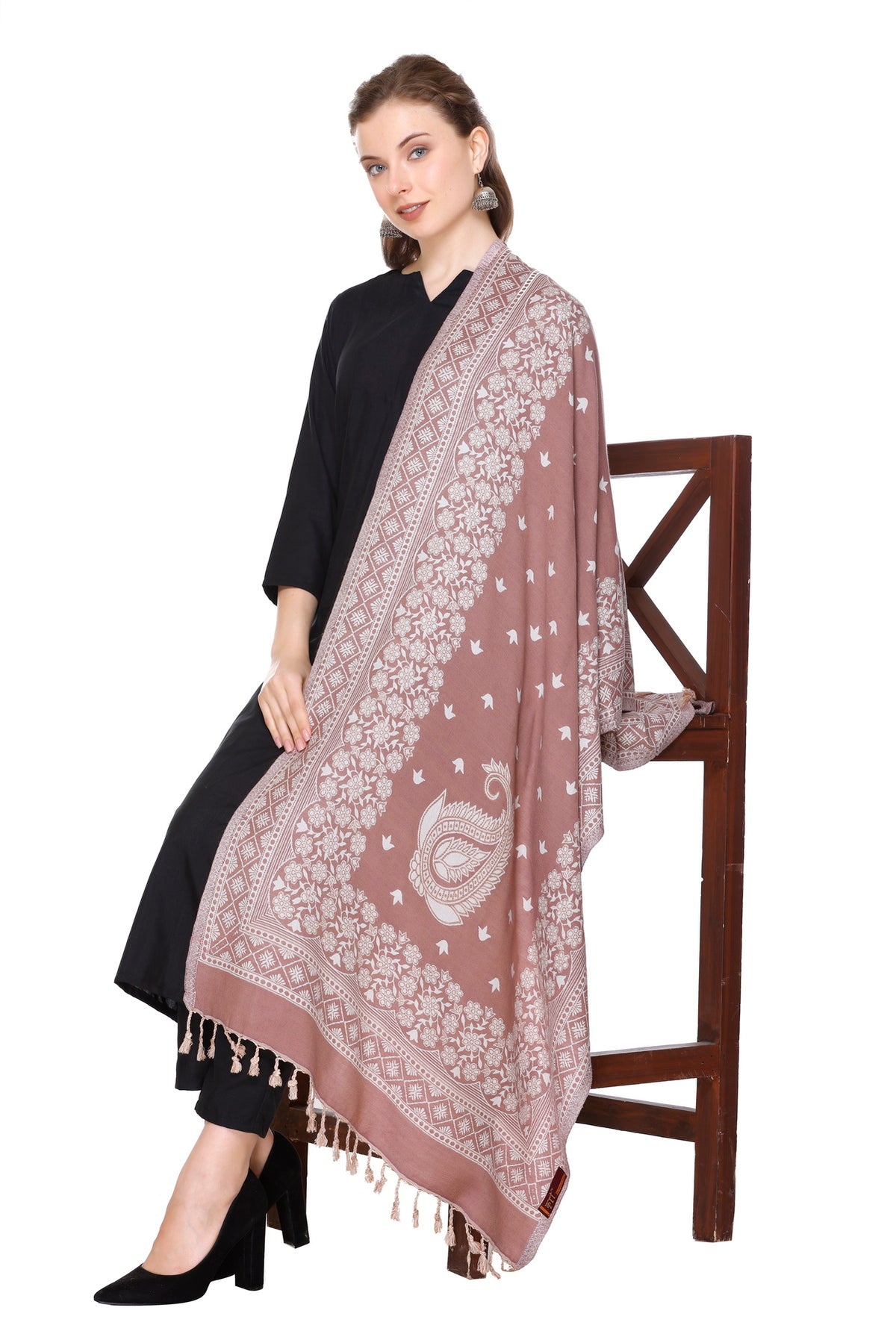 Floral Designer Woollen Stole - Brown