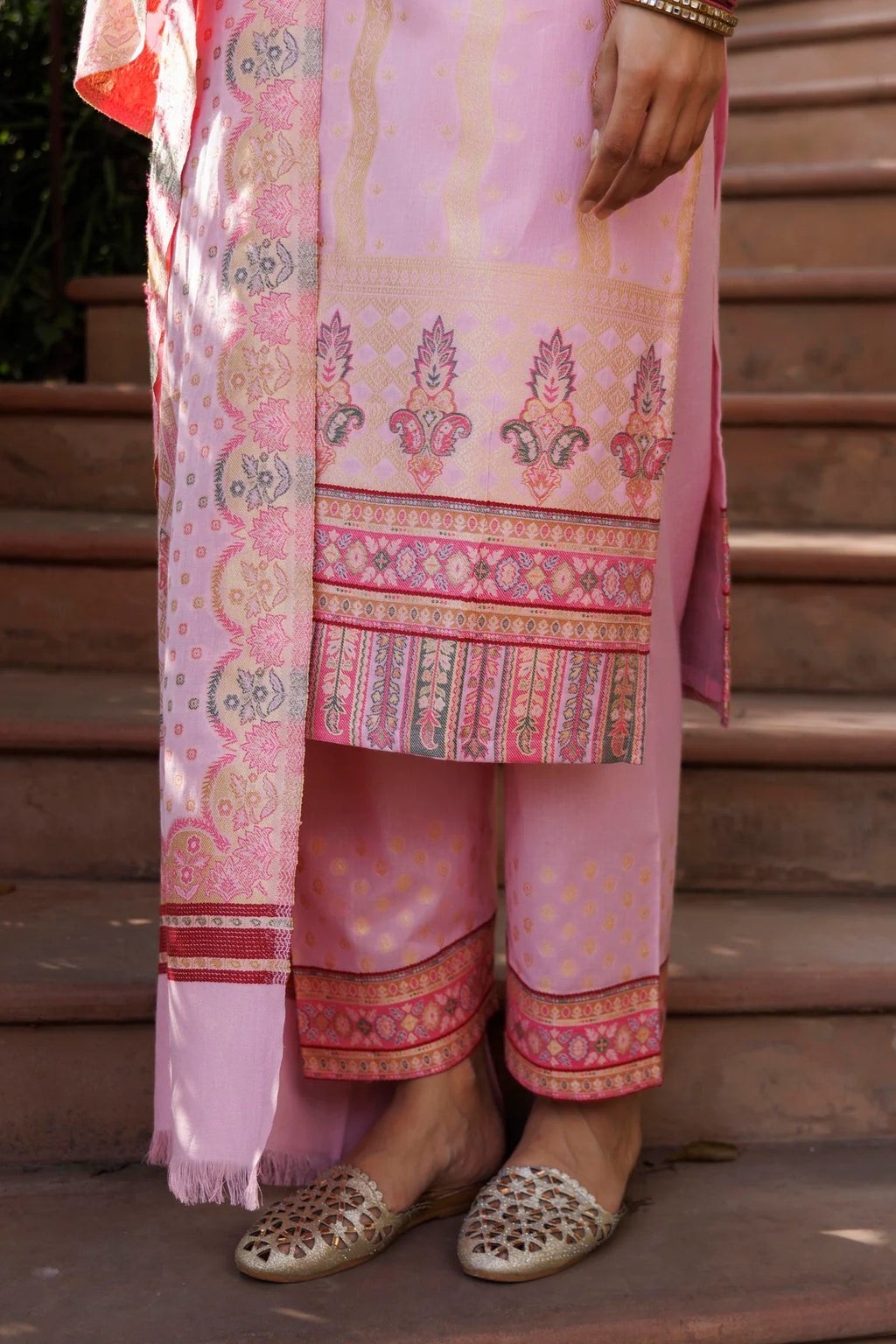 Cotton Silk Collar Pant Suit 3 Pcs- Pink