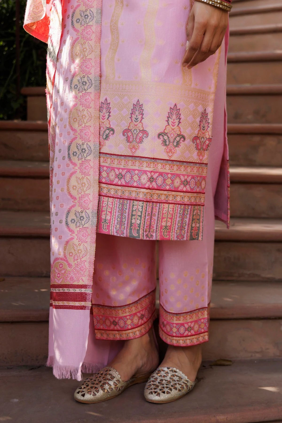Cotton Silk Collar Pant Suit 3 Pcs- Pink