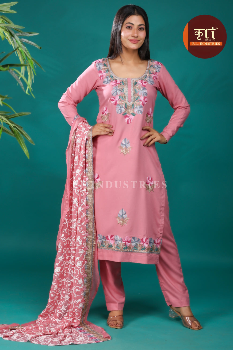 Floral Embroidery Rayon Cotton 3 Pcs Suit- Pink