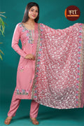 Floral Embroidery Rayon Cotton 3 Pcs Suit- Pink