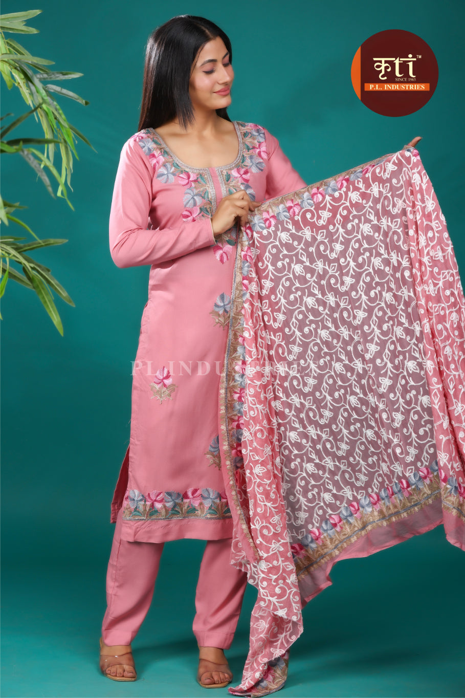 Floral Embroidery Rayon Cotton 3 Pcs Suit- Pink