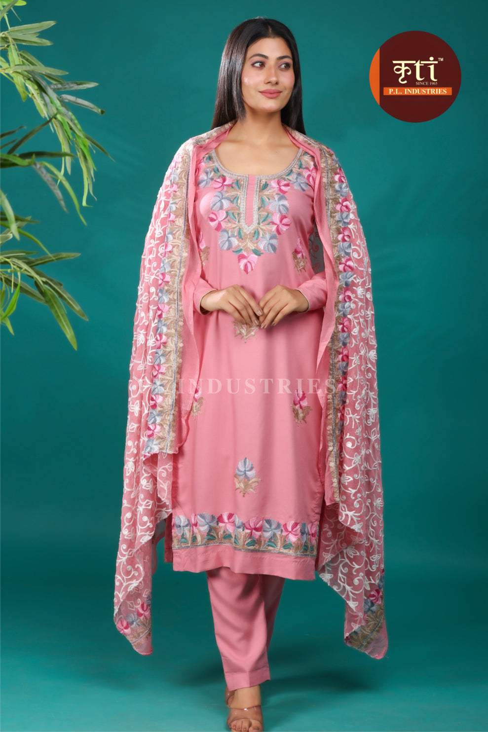Floral Embroidery Rayon Cotton 3 Pcs Suit- Pink