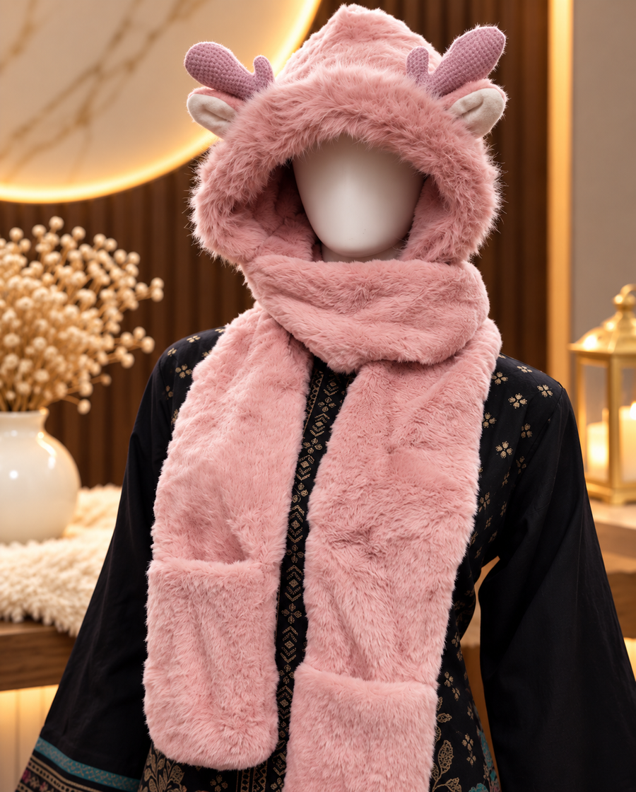 Faux Fur Teddy Bear Hooded Cap with Neck Warmer - Pink