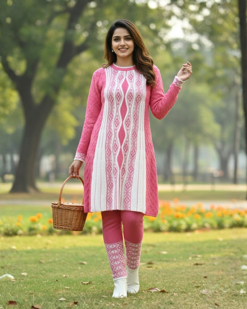 Hair Wool Fabric 3 PC Kurti Set - Pink