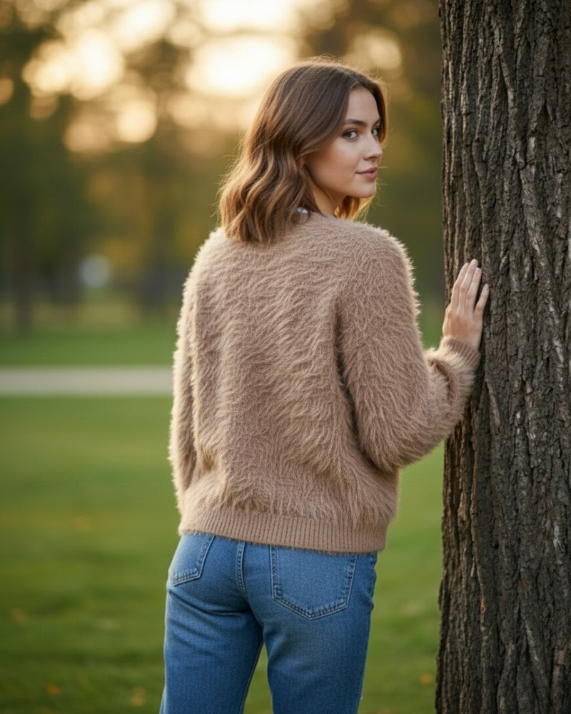 Women's Open Front Woolen Fluffy Top | Camel Oversized Fuzzy Shaggy Top | Long Sleeve & Loose Fit