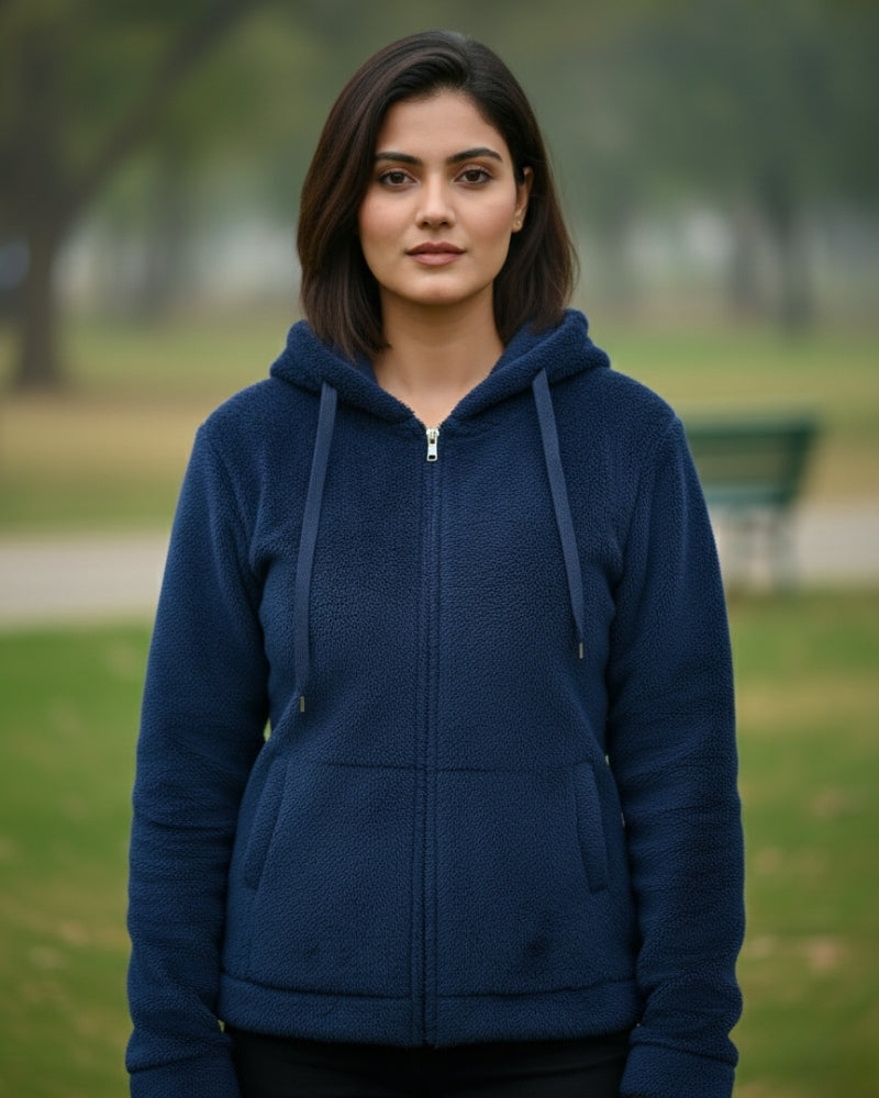Woolen Blend Warm Hooded Sweatshirt - Blue