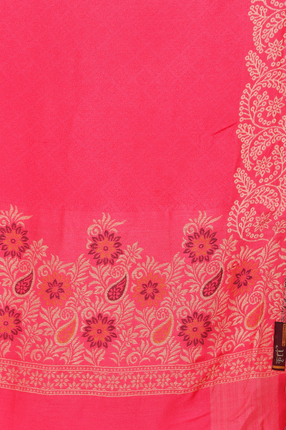 Floral Border Woollen Color Stole - Carrot