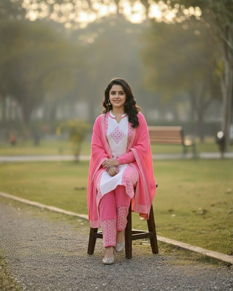 प्रीमियम 3-पीस ऊनी विंटर कुर्ती सेट | बॉटम और स्टोल के साथ बुना हुआ कुर्ता | M-XXL साइज़