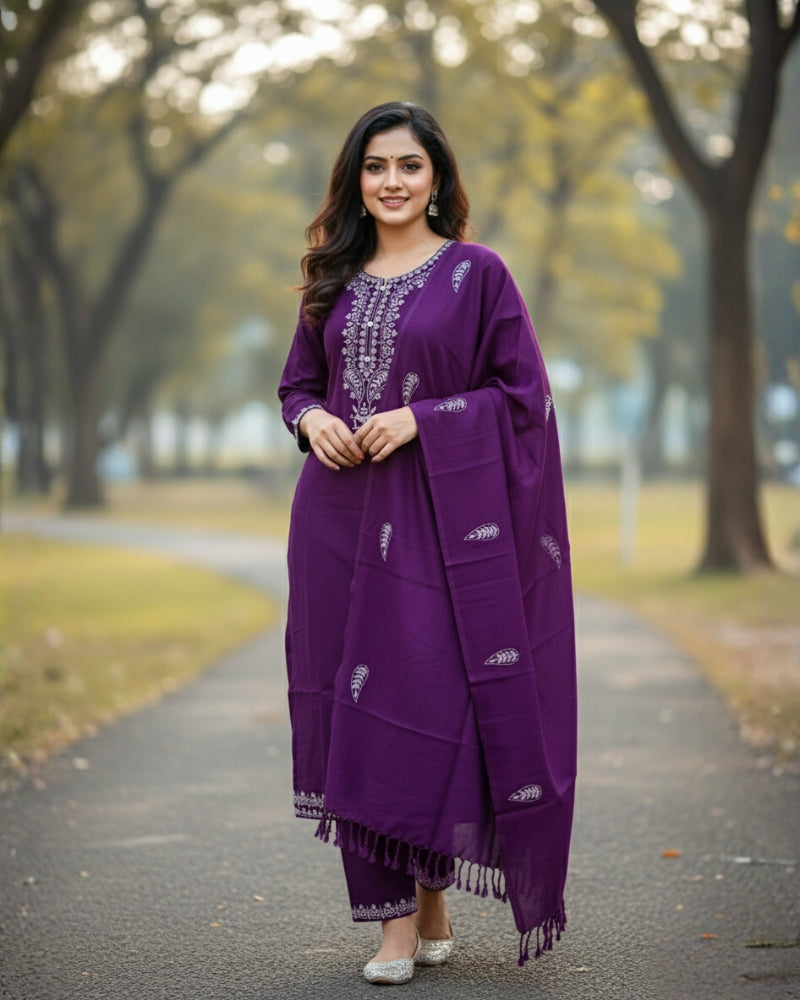 KRITI ऊनी कढ़ाईदार सिले सूट बैंगनी रंग महिलाओं के लिए सर्दियों