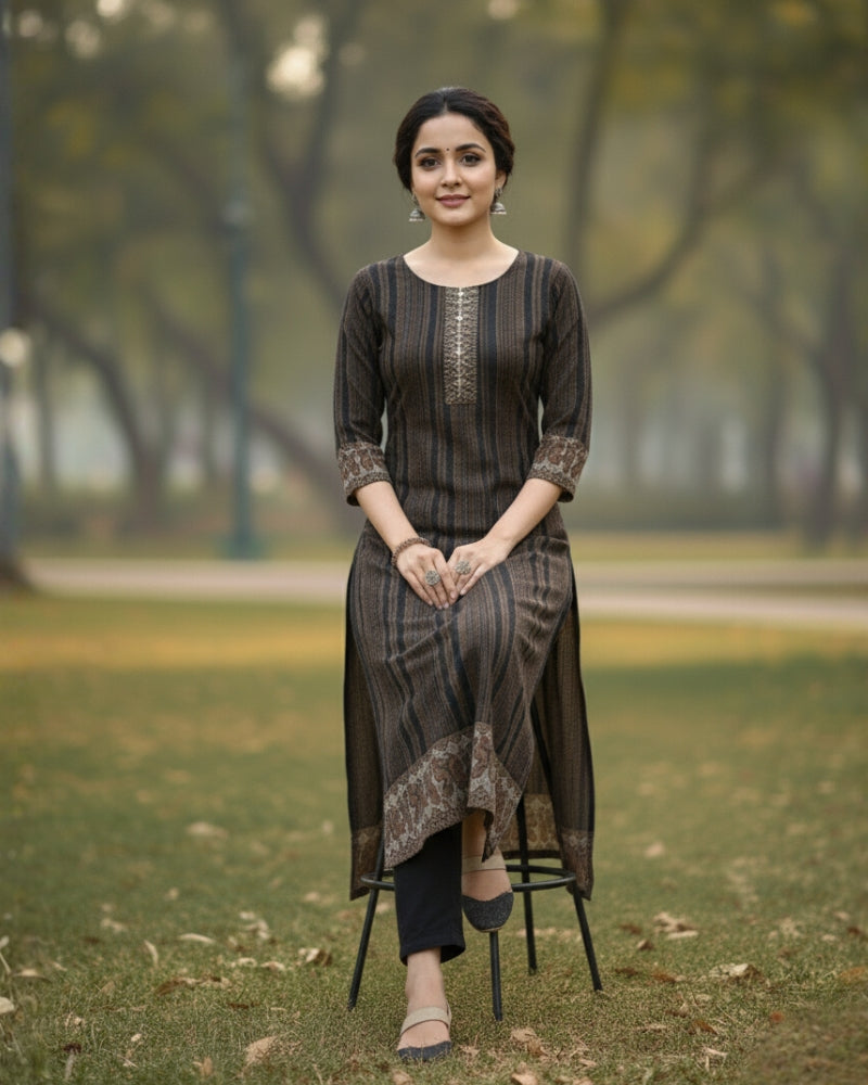 KRITI Winter Woolen Digital Print Stitched Suit Black Color For Women