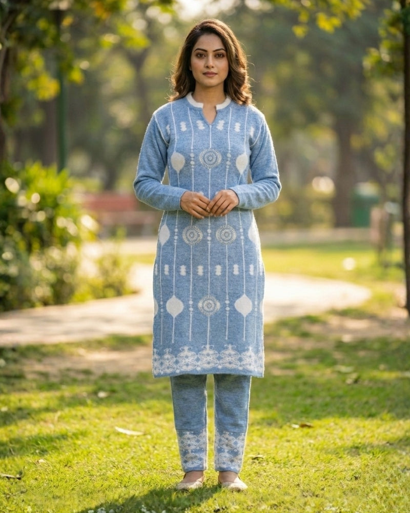 KRITI Wool Blend 3-Piece Embroidered Kurti Set for Women | Warm Knitted Kurti Lower & Stole Dupatta | Winter Indian Ethnic Wear Suit | M to XXL |