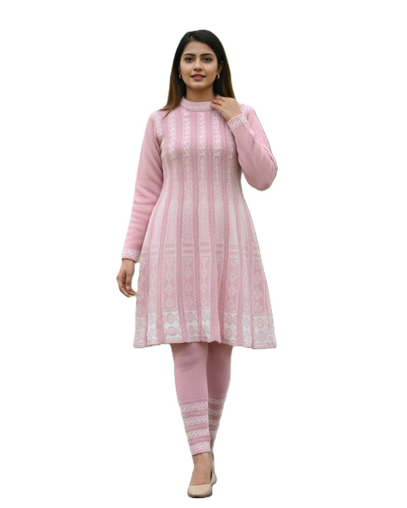 KRITI बुना हुआ ऊनी फ्रॉक कुर्ता सेट | बॉटम वियर के साथ 2-पीस विंटर कुर्ती 