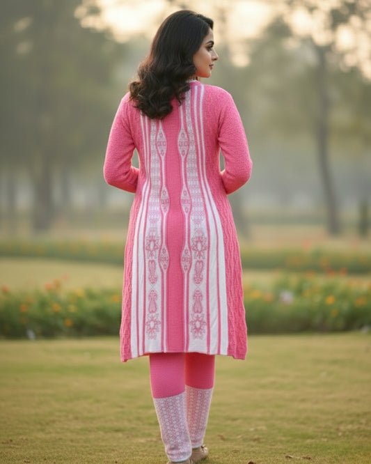 Full Sleeve Knee Length Woolen Fabric Pink Color 3 PC Kurti Set For Women