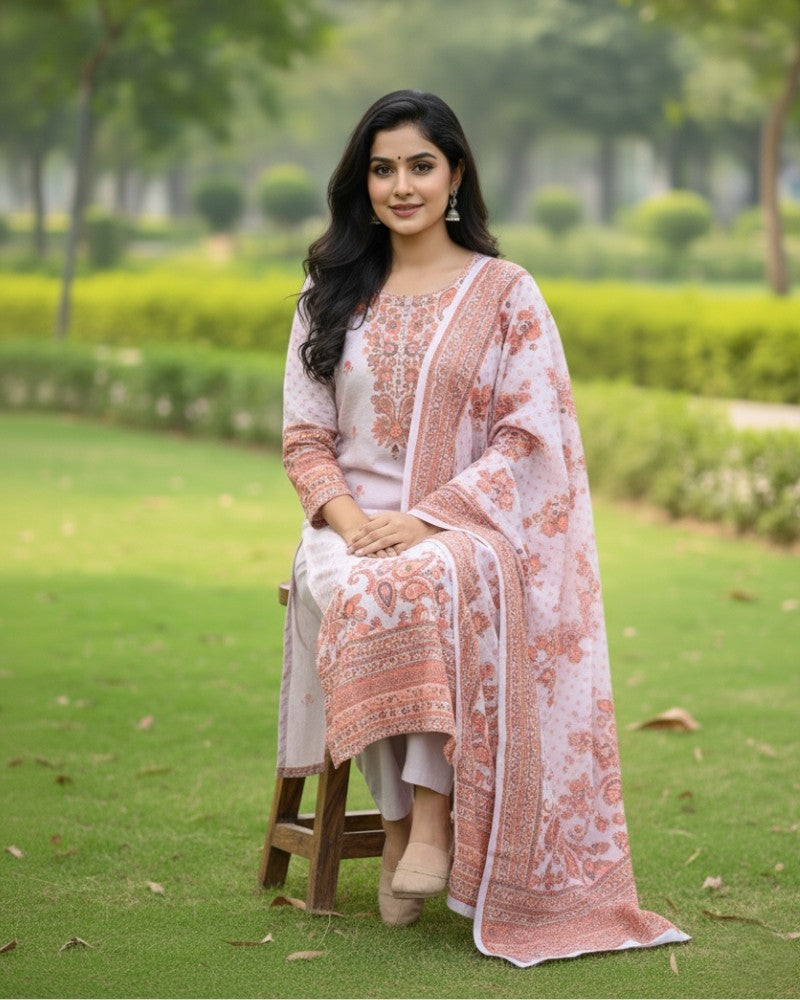 KRITI ऊनी डिजिटल प्रिंट सिले सूट हल्के लैवेंडर रंग महिलाओं के लिए सर्दियों के लिए