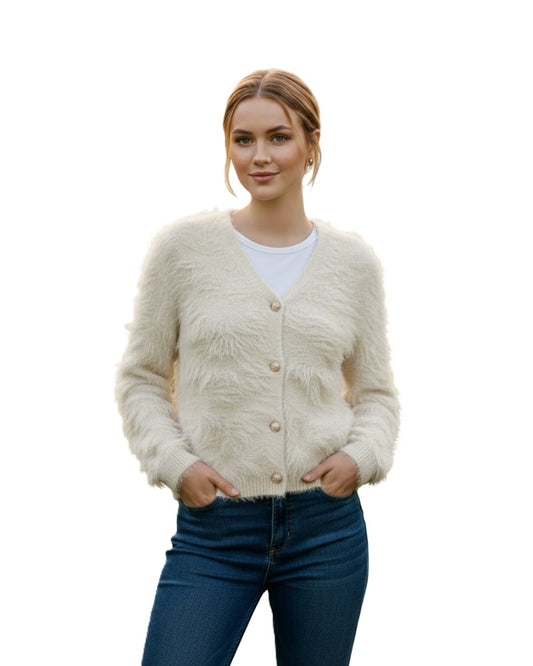 Women's Open Front Woolen Fluffy Top | Cream Oversized Fuzzy Shaggy Top | Long Sleeve & Loose Fit