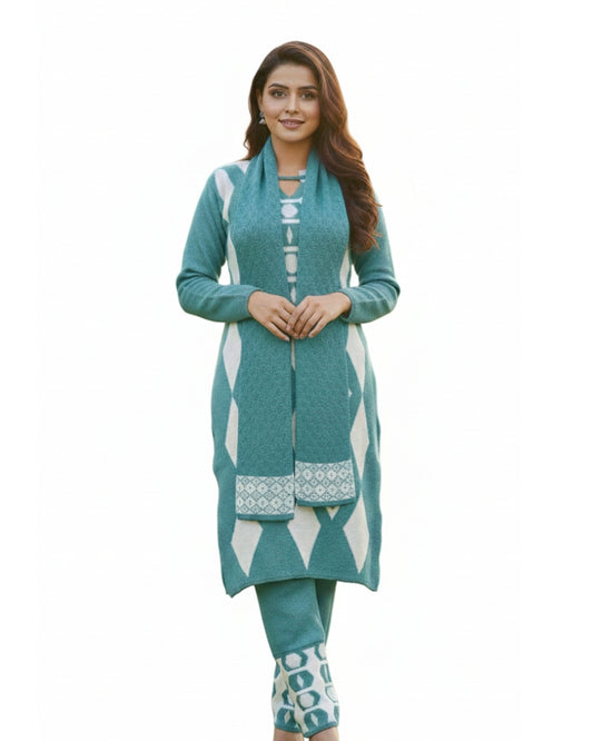 Women's Geometric Print Aqua Color Woolen Kurti Set with Stole  | Warm Winter 3-Piece Suit