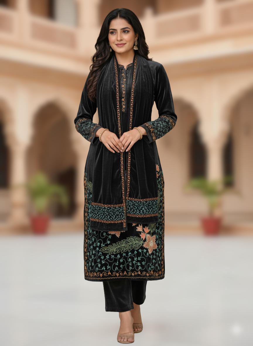 KRITI Winter Velvet 3 Piece Kurti Set Black Color For Women