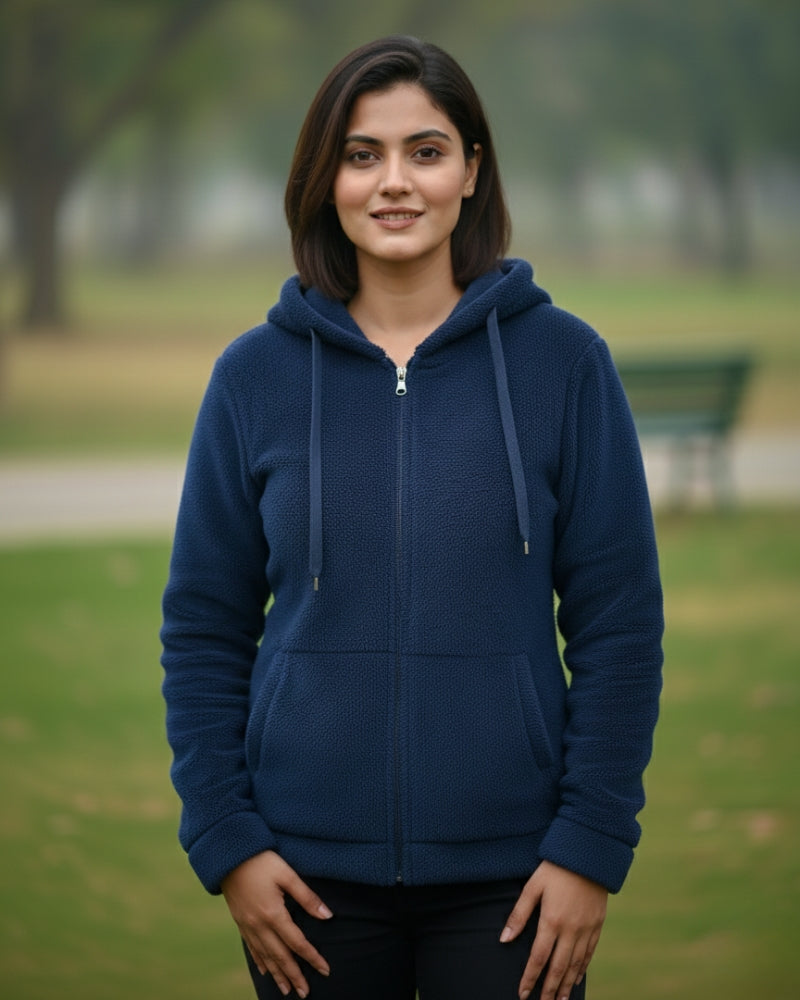 Woolen Blend Warm Hooded Sweatshirt - Blue