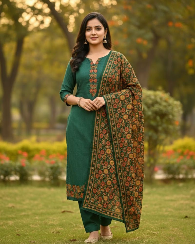 KRITI महिलाओं के लिए डिजिटल प्रिंट ऊनी हरा रंग अनस्टिच्ड फ़ैब्रिक सूट सेट विंटरवियर 