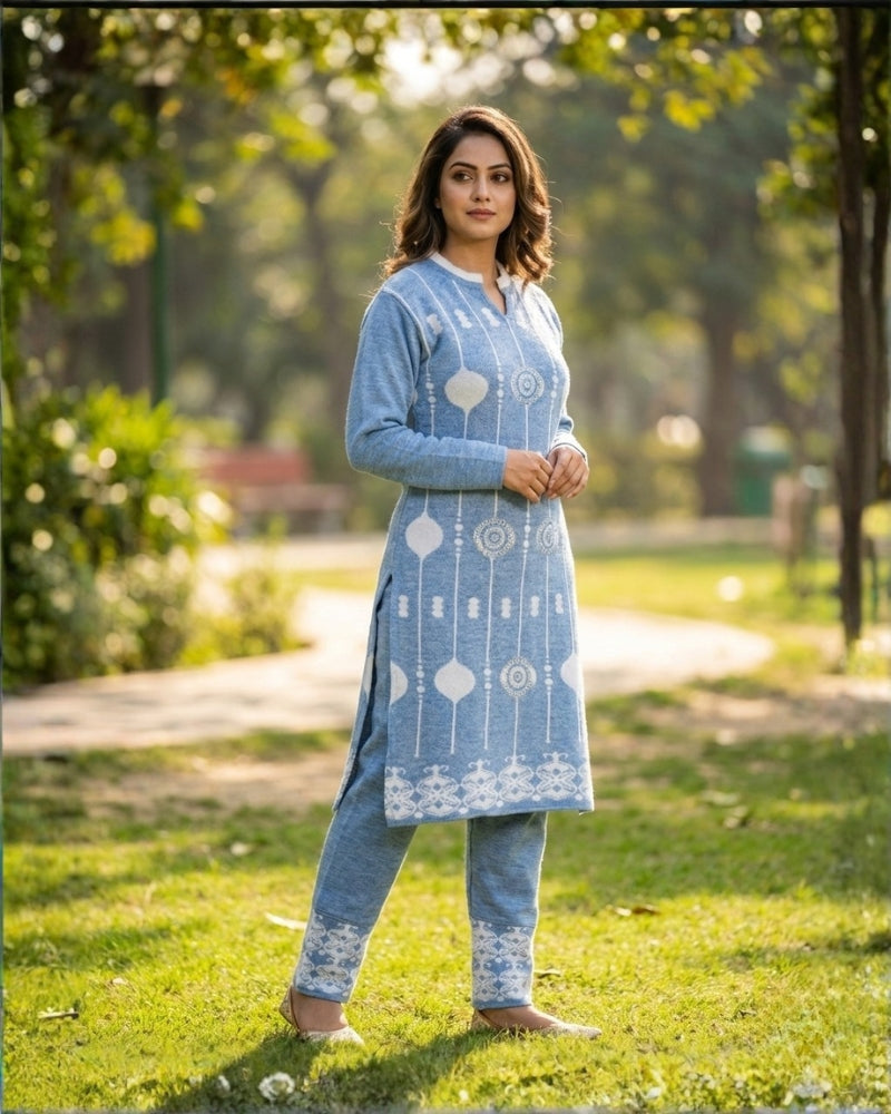 KRITI Wool Blend 3-Piece Embroidered Kurti Set for Women | Warm Knitted Kurti Lower & Stole Dupatta | Winter Indian Ethnic Wear Suit | M to XXL |