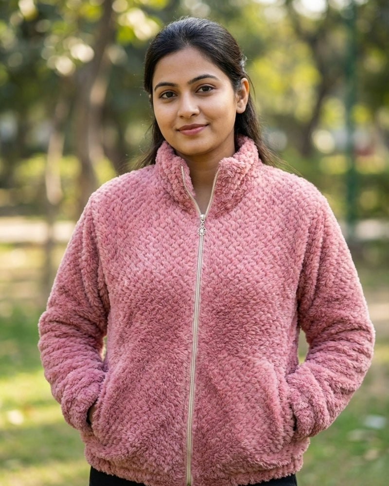 KRITI Women’s Premium Wool Blend Faux Fur Dark Pink Color Winter Jacket