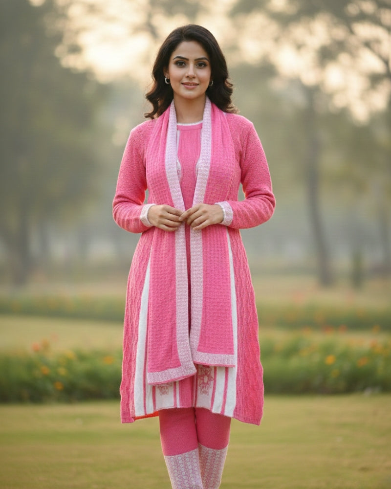 Full Sleeve Knee Length Woolen Fabric Pink Color 3 PC Kurti Set For Women