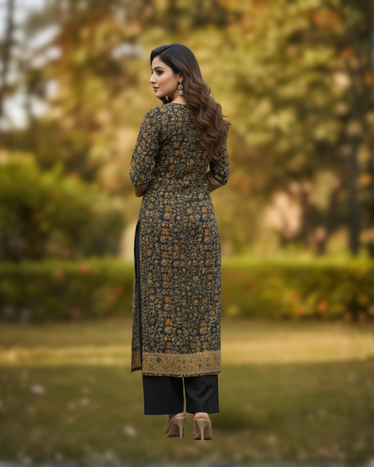 KRITI महिलाओं के लिए फ्लोरल डिज़ाइन ऊनी काले सरसों के रंग का अनस्टिच्ड फ़ैब्रिक सूट सेट विंटरवियर 
