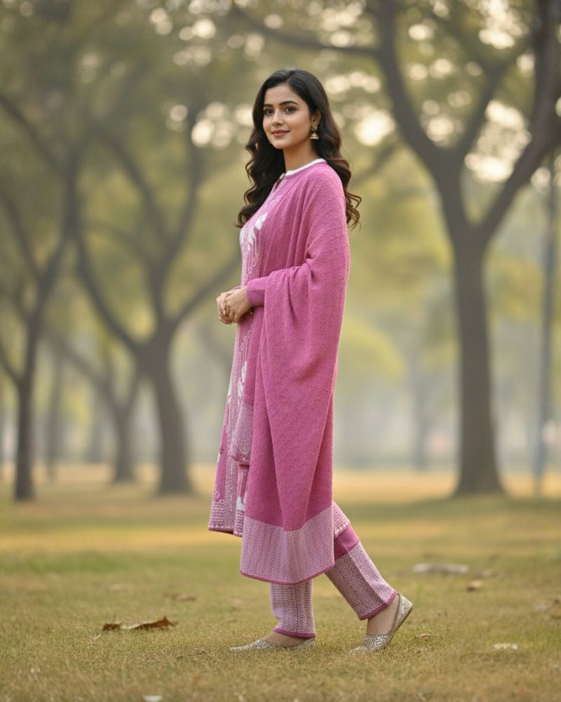 प्रीमियम 3-पीस ऊनी विंटर कुर्ती सेट | बॉटम और स्टोल के साथ बुना हुआ कुर्ता | M-XXL साइज़