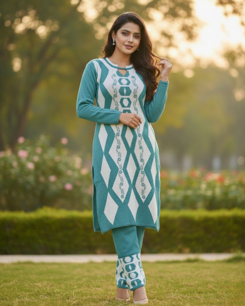 Women's Geometric Print Aqua Color Woolen Kurti Set with Stole  | Warm Winter 3-Piece Suit
