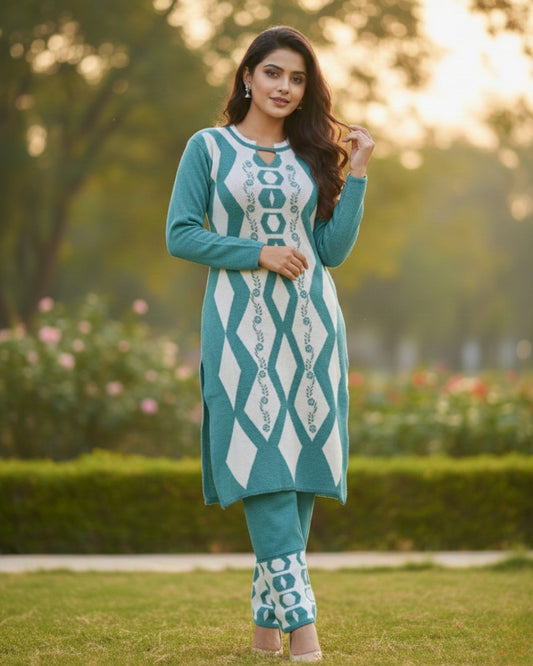 Women's Geometric Print Aqua Color Woolen Kurti Set with Stole  | Warm Winter 3-Piece Suit