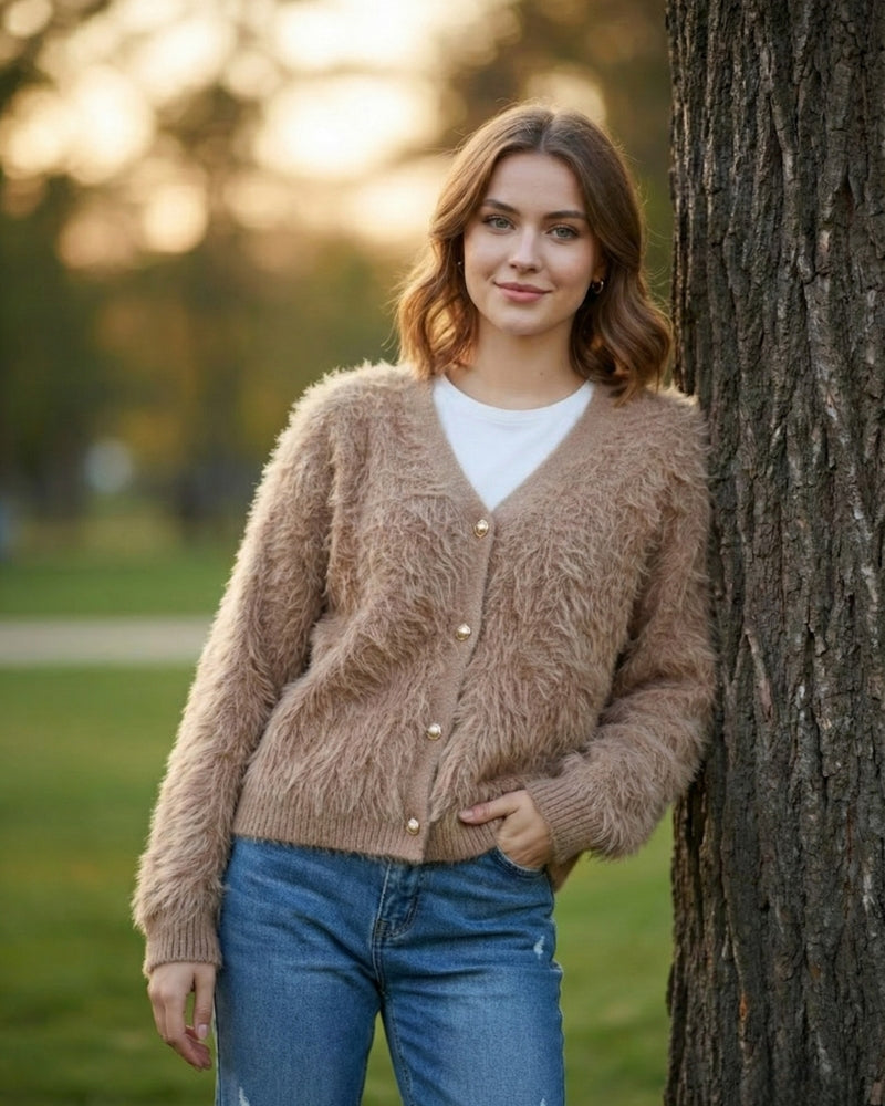 Women's Open Front Woolen Fluffy Top | Camel Oversized Fuzzy Shaggy Top | Long Sleeve & Loose Fit