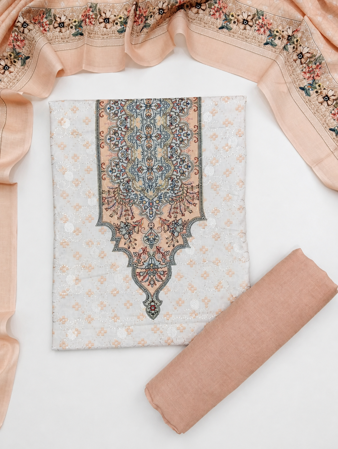 Designer Printed Cotton Unstitched Summer Suit - Peach