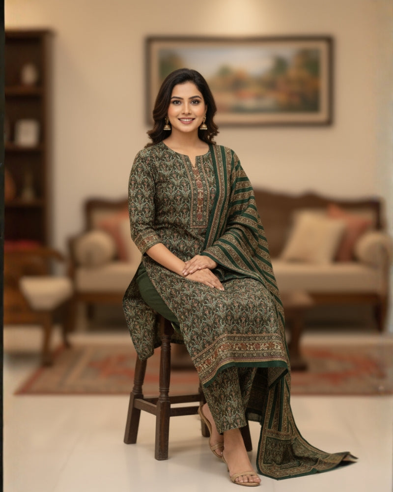 Winter Woolen Unstitched Suit - Green