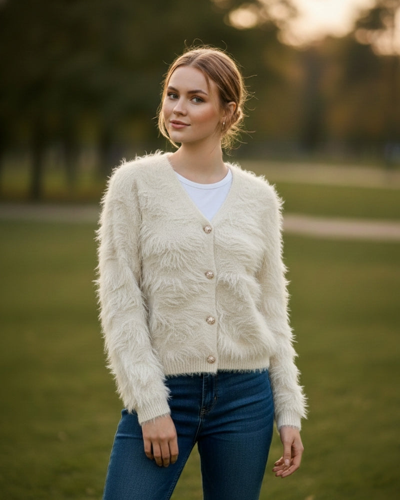 Women's Open Front Woolen Fluffy Top | Cream Oversized Fuzzy Shaggy Top | Long Sleeve & Loose Fit