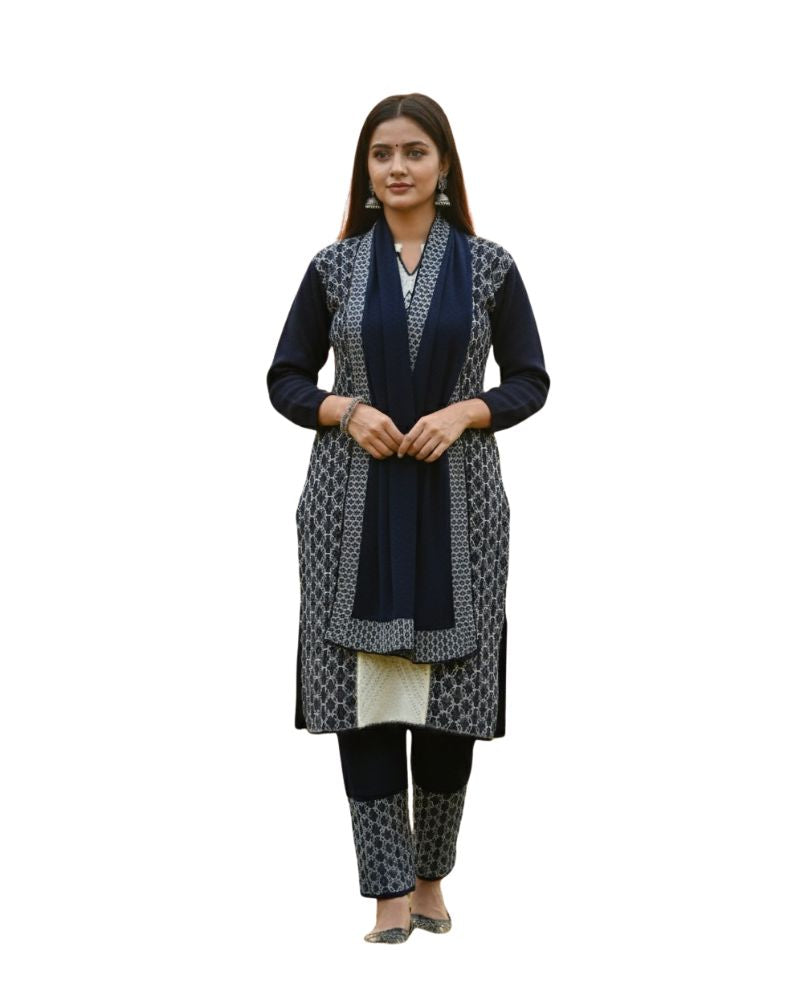 प्रीमियम 3-पीस ऊनी विंटर कुर्ती सेट | बॉटम और स्टोल के साथ बुना हुआ कुर्ता | M-XXL साइज़