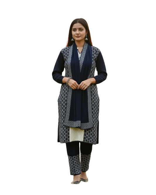 प्रीमियम 3-पीस ऊनी विंटर कुर्ती सेट | बॉटम और स्टोल के साथ बुना हुआ कुर्ता | M-XXL साइज़